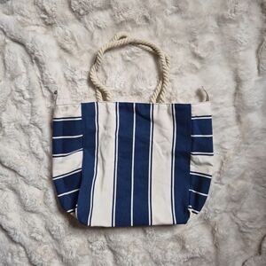 Lancome Beach Bag Blue White Stripe Rope Handles Nautical Preppy Summer Coastal